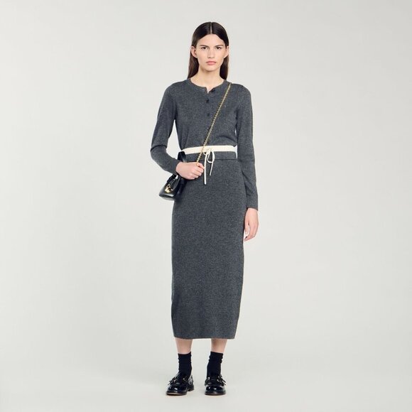 Sandro Long Double Waistband Gray Wool Cashmere Blend Midi Skirt Size 38 - Picture 1 of 10